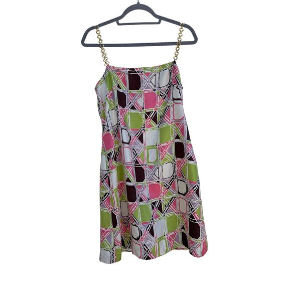 Milly Mini Silk Dress, Sheath Shift, Geometric Print,‎ Gold Metal Straps, Sz 10 - Picture 1 of 4